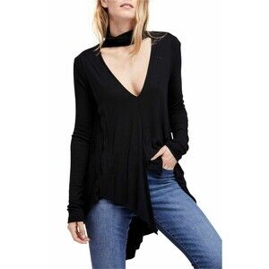 Free People Uptown Choker Turtleneck Tunic Top Women's Black Keyhole Knit Size M